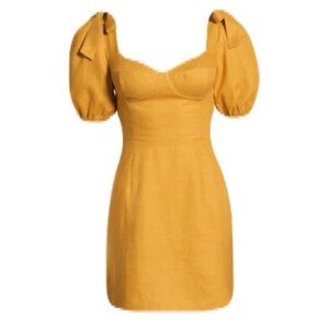 Reformation Women’s Size 4 Mustard Gold Puff Bow Sleeve 100% Mini Dress Summer